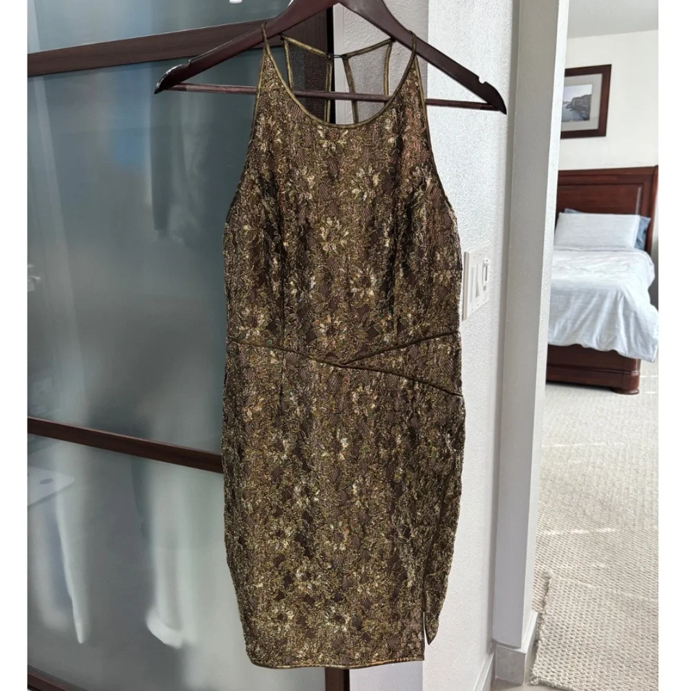 BCBGMaxAzria "Tenya" Sheer Back Mini Dress - Gold & Black Size 6 - Picture 5 of 13